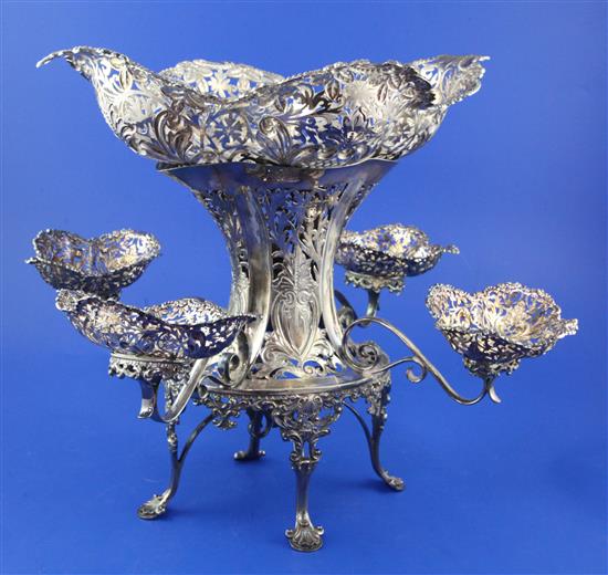 An Edwardian ornate pierced silver epergne by James Dixon & Sons, 53 oz.